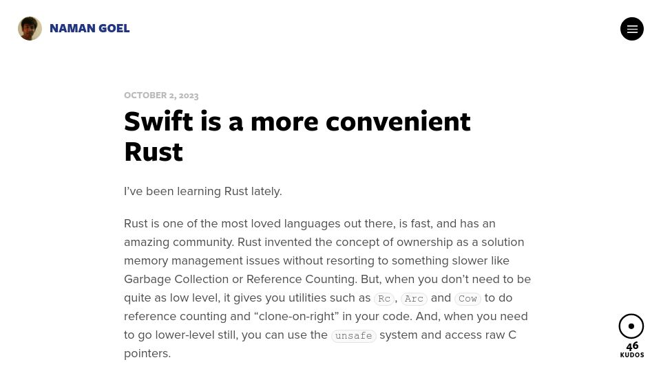 Screenshot of blog.namangoel.com: Swift is a more convenient Rust