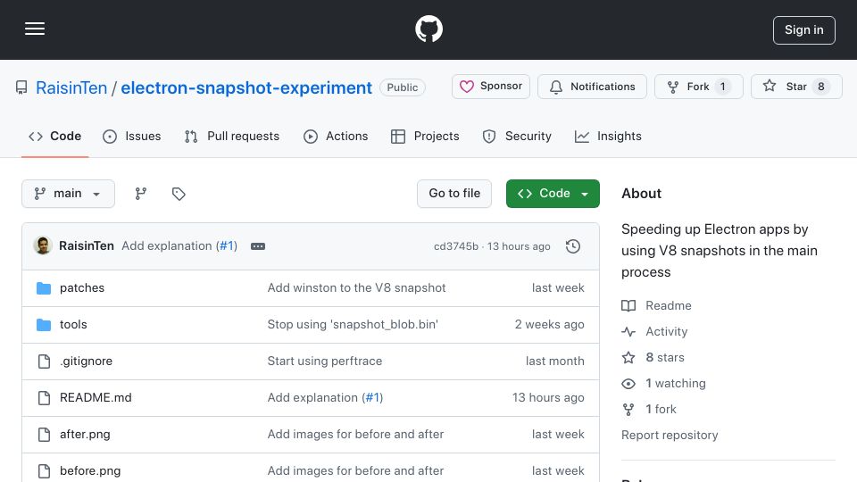 Screenshot of github.com: Speeding up Electron apps by using V8 snapshots in the main process