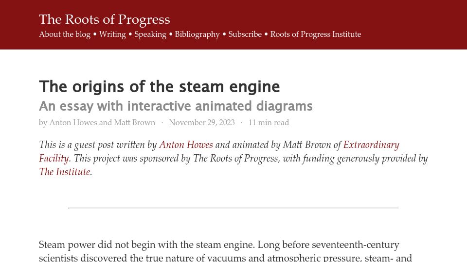 Screenshot of blog.rootsofprogress.org: The origins of the steam engine (2023)