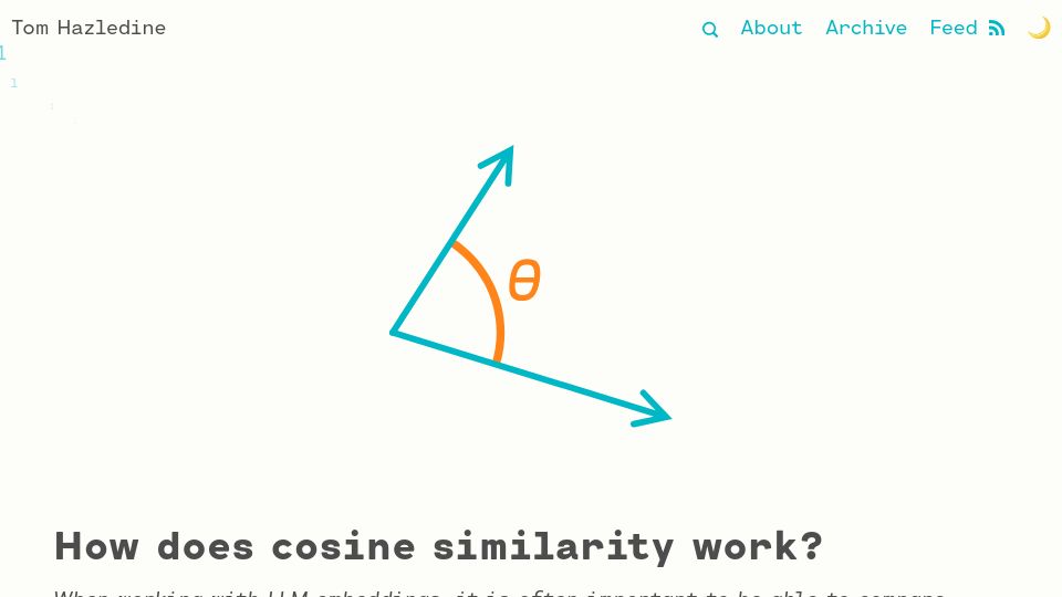 Screenshot of tomhazledine.com: How does cosine similarity work?