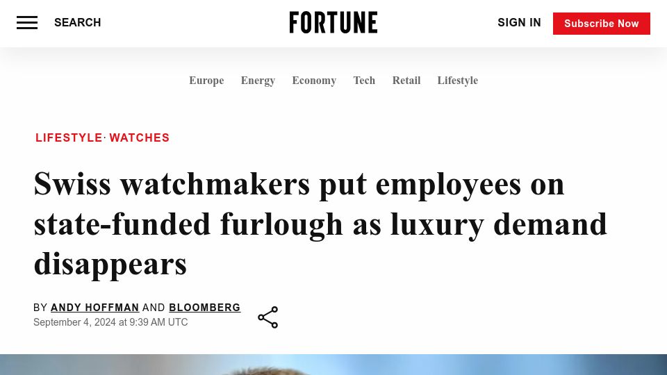 Screenshot of fortune.com: Swiss watchmakers put employees on state-funded leave as luxury demand disappear