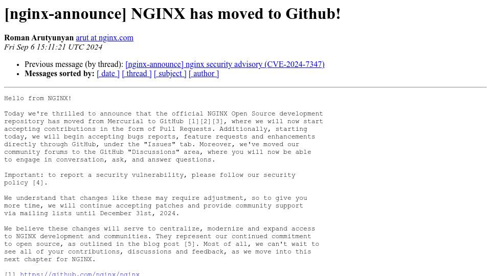 Screenshot of mailman.nginx.org: Nginx has moved to GitHub