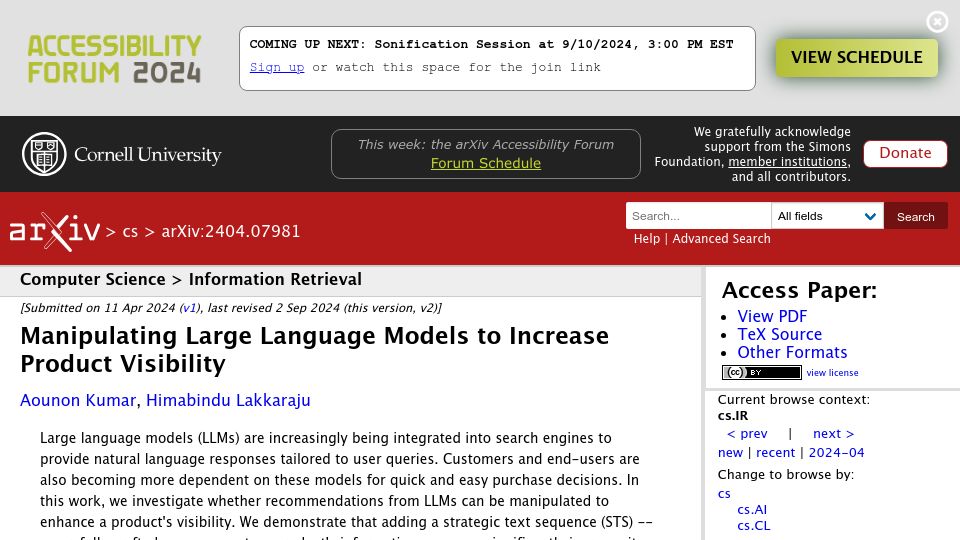 Screenshot of arxiv.org: Manipulating large language models to increase product visibility