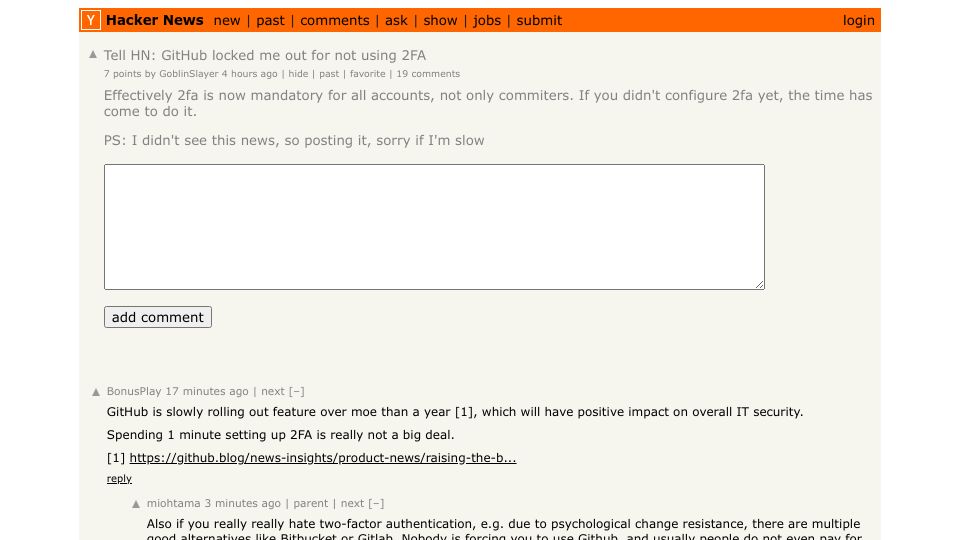 Screenshot of Hacker News post: Tell HN: GitHub locked me out for not using 2FA