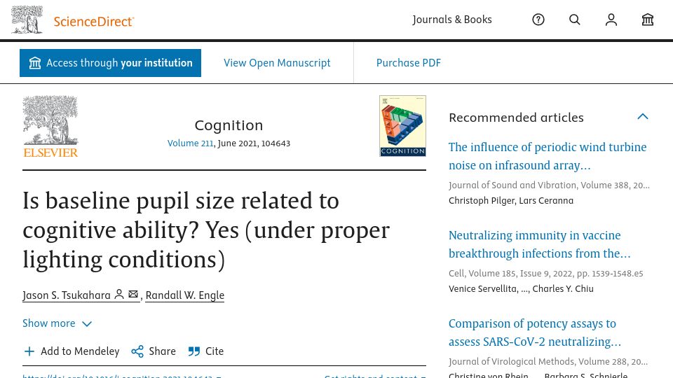 Screenshot of sciencedirect.com: Baseline pupil size related to cognitive ability in proper lighting conditions