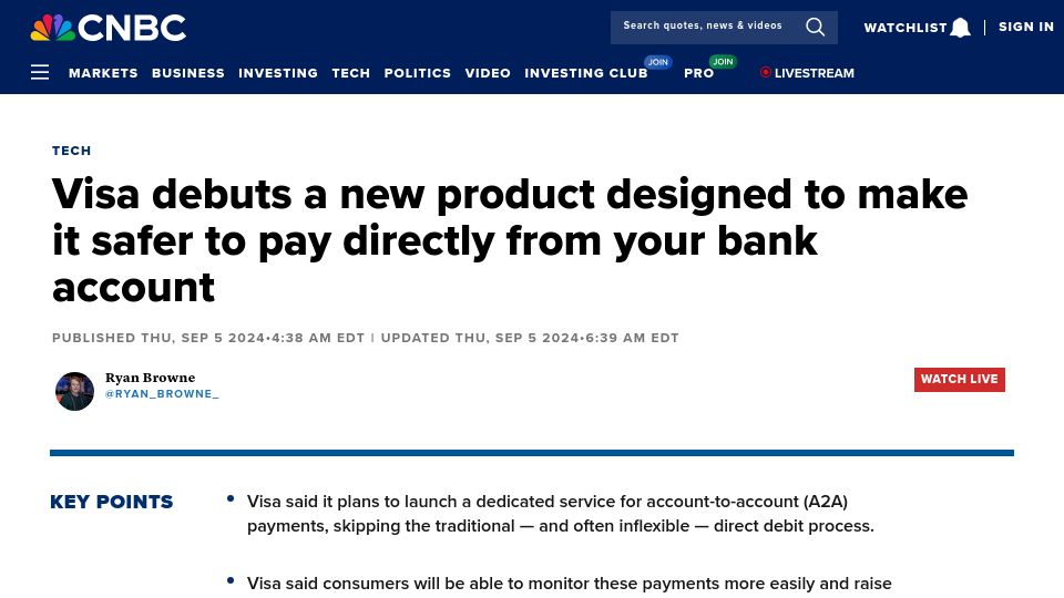 Screenshot of cnbc.com: Visa to launch pay-by-bank payments, an alternative to credit cards