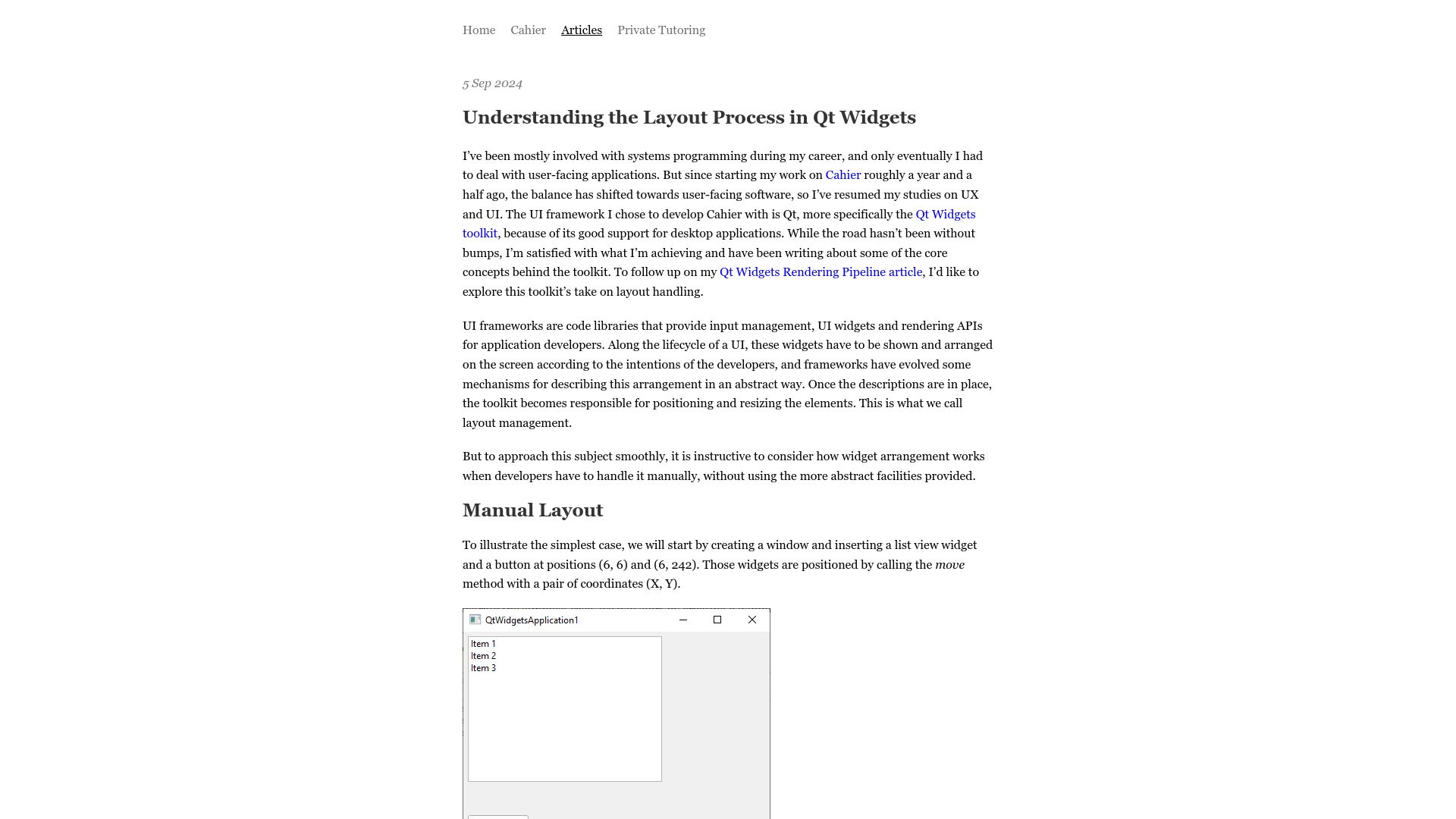 Screenshot of felipefarinon.com: Understanding the Layout Process in Qt Widgets