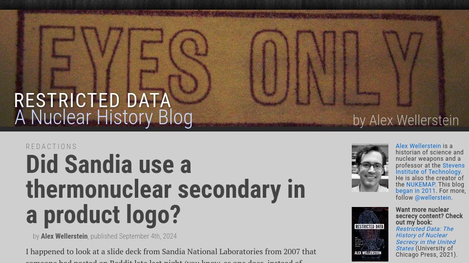 Screenshot of blog.nuclearsecrecy.com: Did Sandia use a thermonuclear secondary in a product logo?