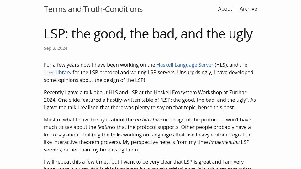 Screenshot of michaelpj.com: LSP: The good, the bad, and the ugly