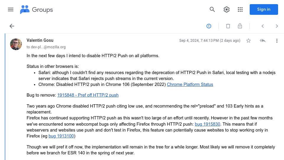 Screenshot of groups.google.com: Intent to unship: HTTP/2 Push