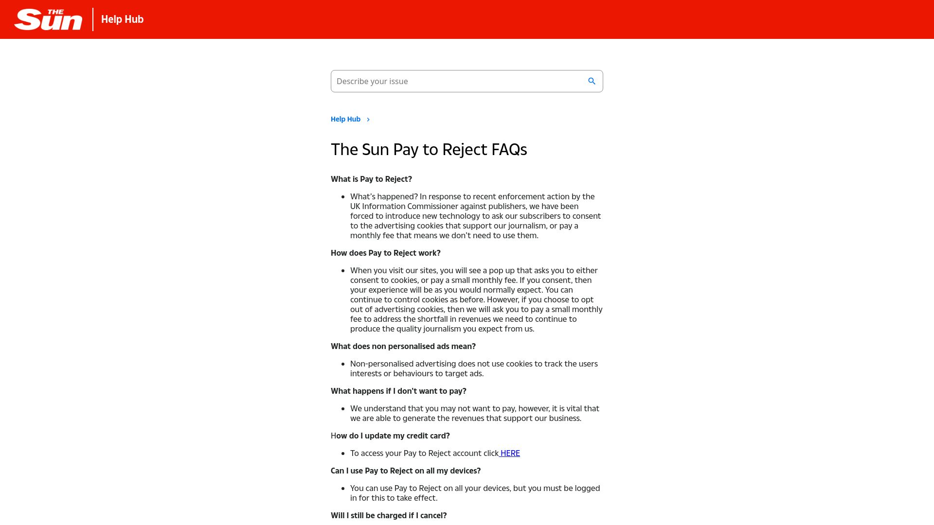 Screenshot of help.thesun.co.uk: The Sun and other publications roll out "Pay to Reject personalized ads"