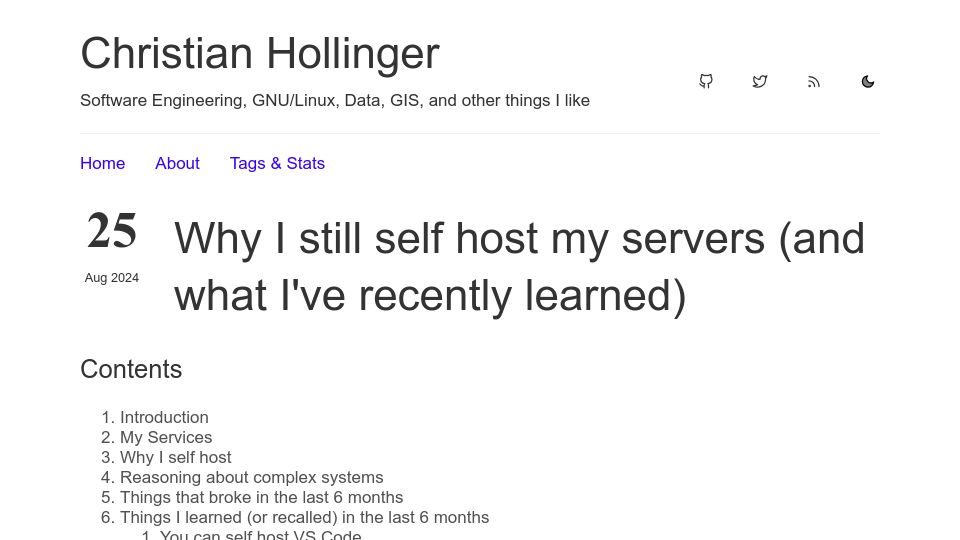 Screenshot of chollinger.com: Why I self host my servers and what I've recently learned