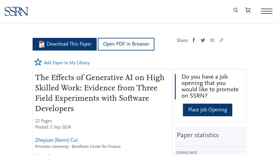 Screenshot of papers.ssrn.com: Effects of Gen AI on High Skilled Work: Experiments with Software Developers