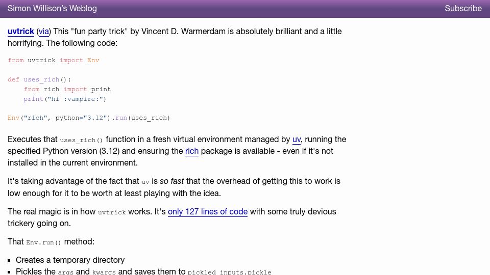 Screenshot of simonwillison.net: Uvtrick