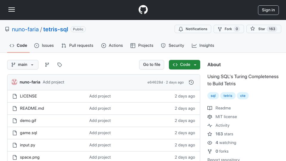 Screenshot of github.com: Show HN: Using SQL's Turing completeness to build Tetris