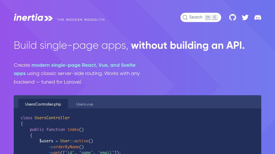 Screenshot of inertiajs.com: Inertia.js – Build React, Vue, or Svelte apps with server-side routing