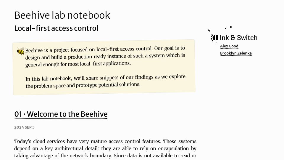 Screenshot of inkandswitch.com: Beehive lab notebook: Local-first access control