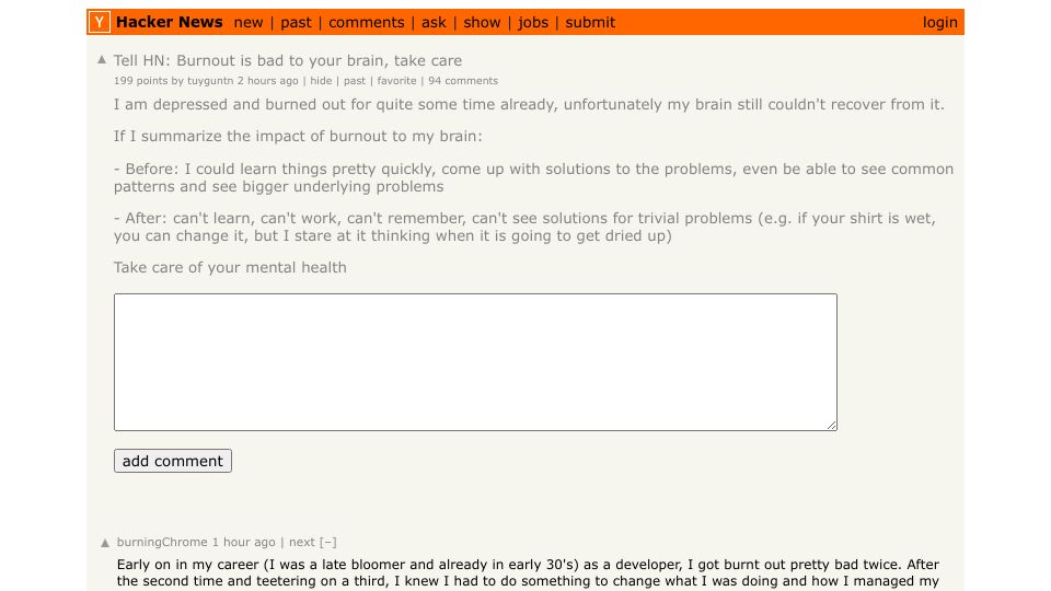 Screenshot of Hacker News post: Tell HN: Burnout is bad to your brain, take care