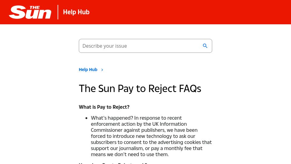 Screenshot of help.thesun.co.uk: The Sun and other publications roll out "Pay to Reject personalized ads"
