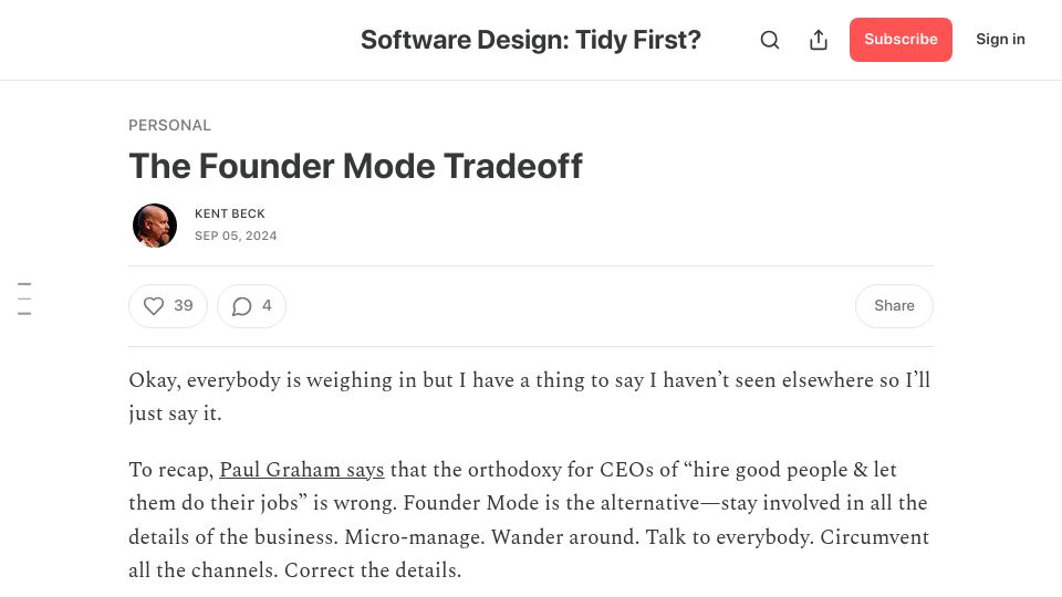 Screenshot of tidyfirst.substack.com: The Founder Mode Tradeoff – By Kent Beck