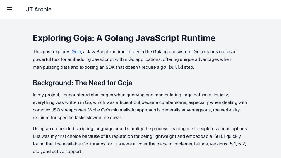 Screenshot of jtarchie.com: Goja: A Golang JavaScript Runtime