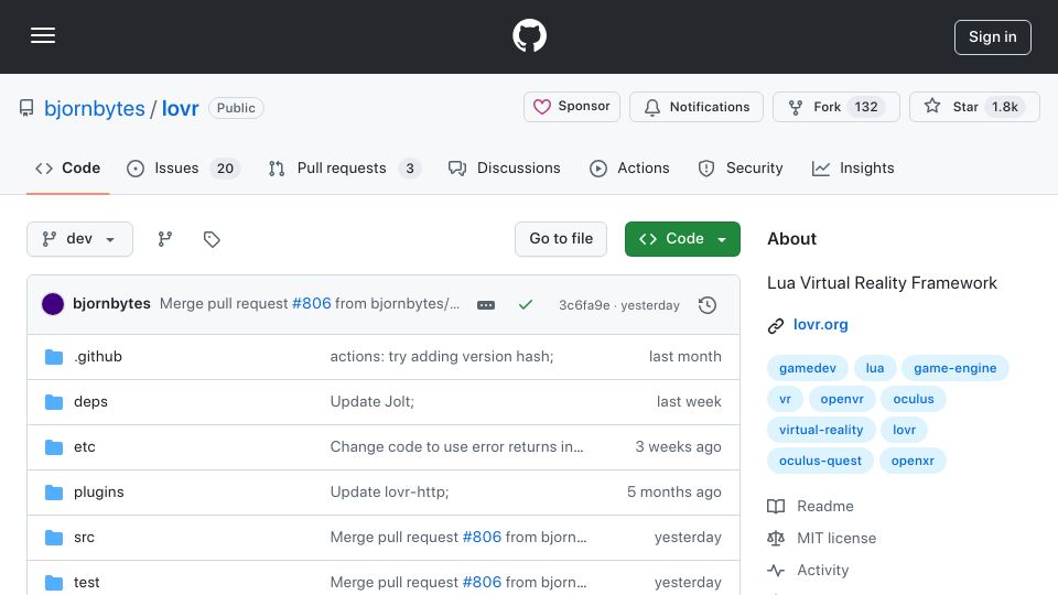 Screenshot of github.com: LÖVR – A simple Lua framework for rapidly building VR experiences