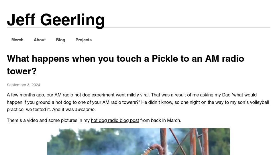Screenshot of jeffgeerling.com: What happens when you touch a pickle to an AM radio tower