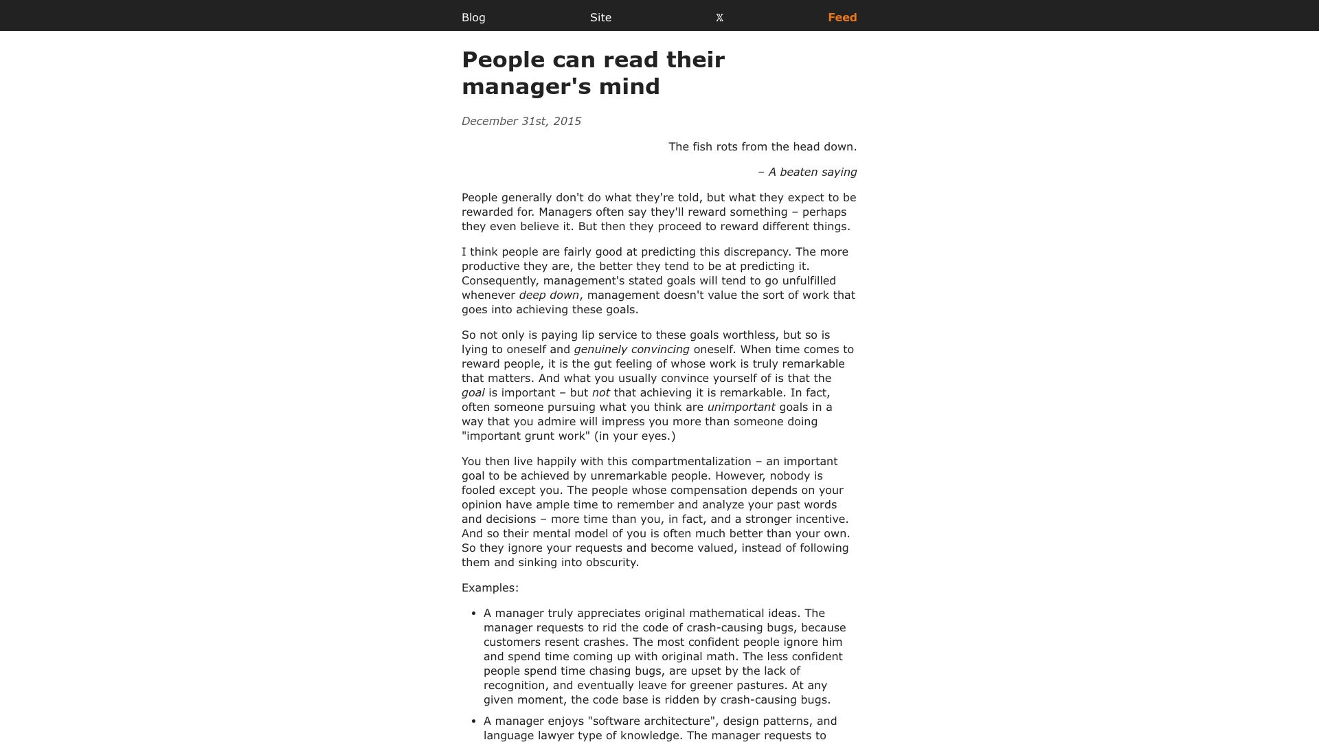 Screenshot of yosefk.com: People can read their manager's mind (2015)
