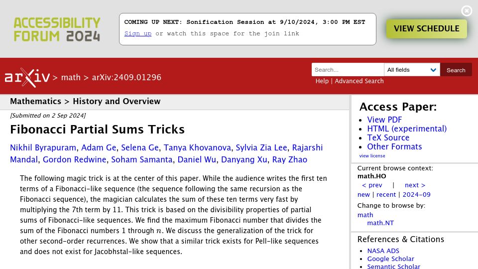Screenshot of arxiv.org: Fibonacci Partial Sums Tricks