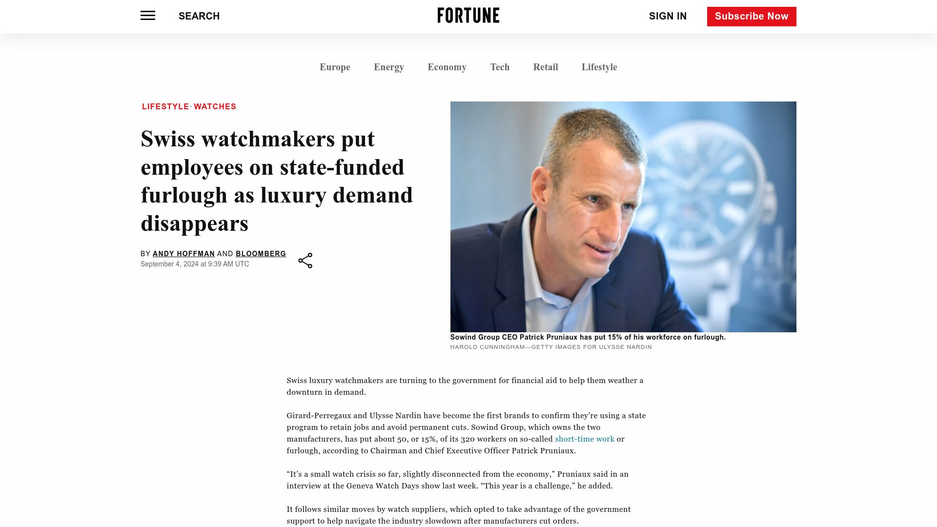 Screenshot of fortune.com: Swiss watchmakers put employees on state-funded leave as luxury demand disappear