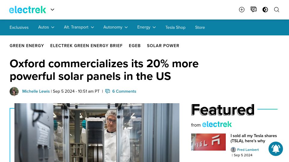 Screenshot of electrek.co: Oxford commercializes its 20% more powerful solar panels in the US