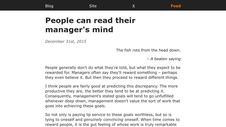 Screenshot of yosefk.com: People can read their manager's mind (2015)