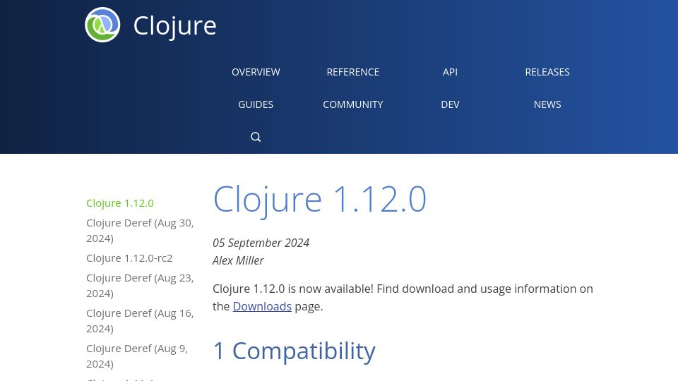 Screenshot of clojure.org: Clojure 1.12.0 is now available