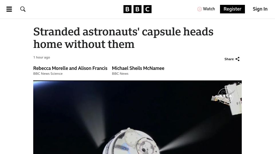 Screenshot of bbc.co.uk: Stranded astronauts' capsule heads home without them