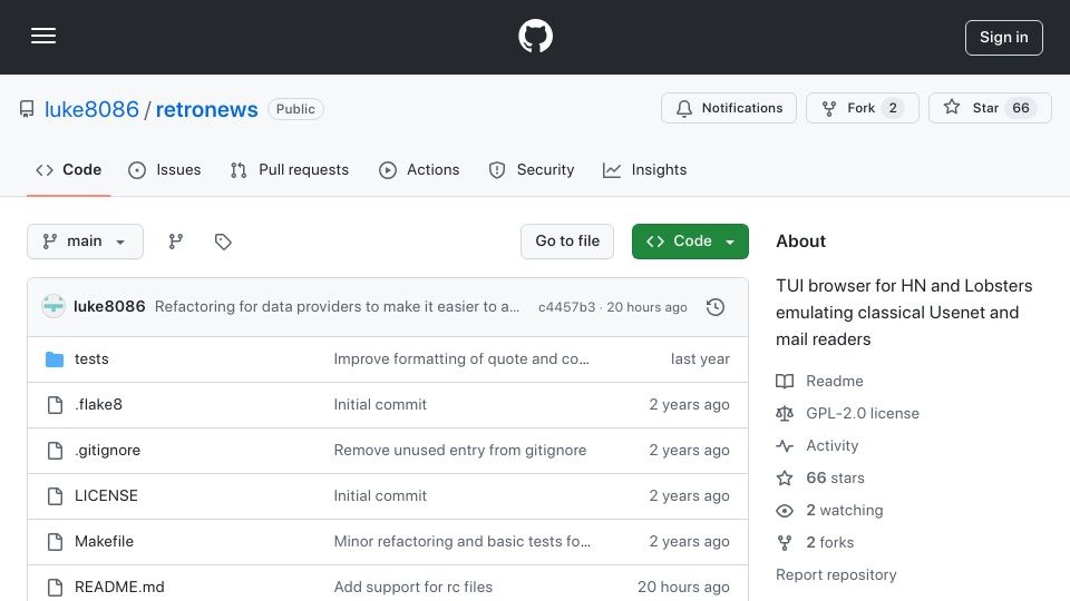 Screenshot of github.com: Show HN: Retronews – TUI for HN and Lobsters emulating classical Usenet readers