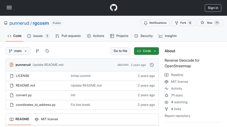 Screenshot of github.com: RGCosm – Reverse Geocode for OpenStreetMap