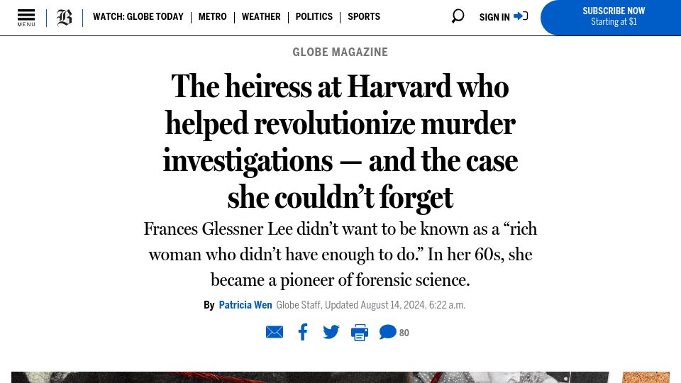 Screenshot of bostonglobe.com: The heiress at Harvard who helped revolutionize murder investigations