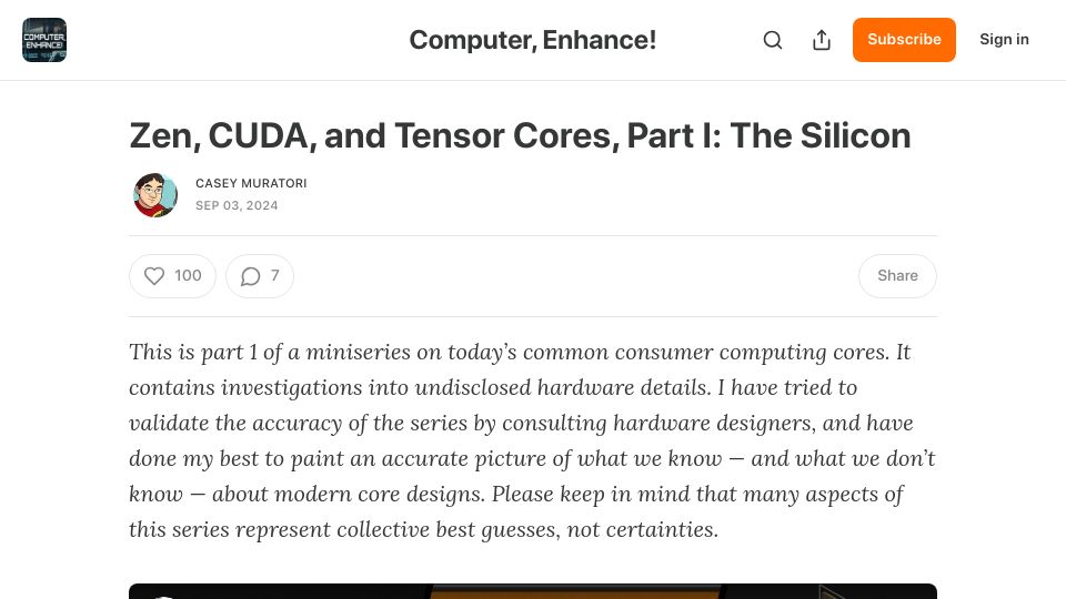 Screenshot of computerenhance.com: Zen, CUDA, and Tensor Cores, Part I: The Silicon