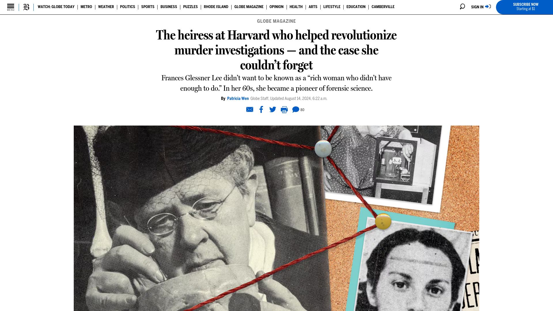 Screenshot of bostonglobe.com: The heiress at Harvard who helped revolutionize murder investigations