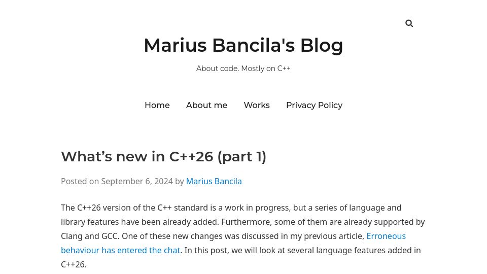 Screenshot of mariusbancila.ro: What's new in C++26 (part 1)
