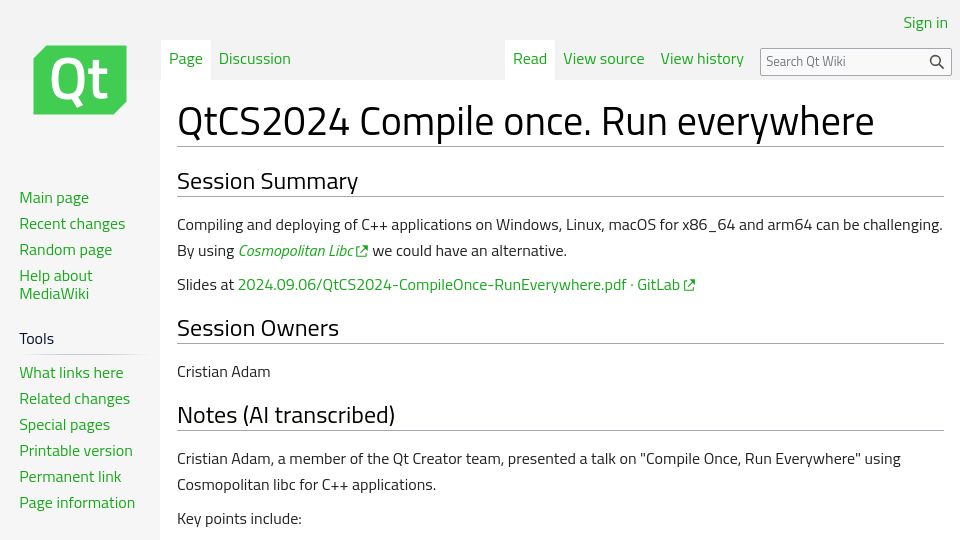 Screenshot of wiki.qt.io: QtCS2024: Compile once, Run everywhere