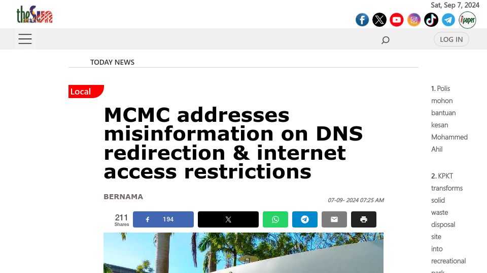 Screenshot of thesun.my: Malaysia started mandating ISPs to redirect DNS queries to local servers