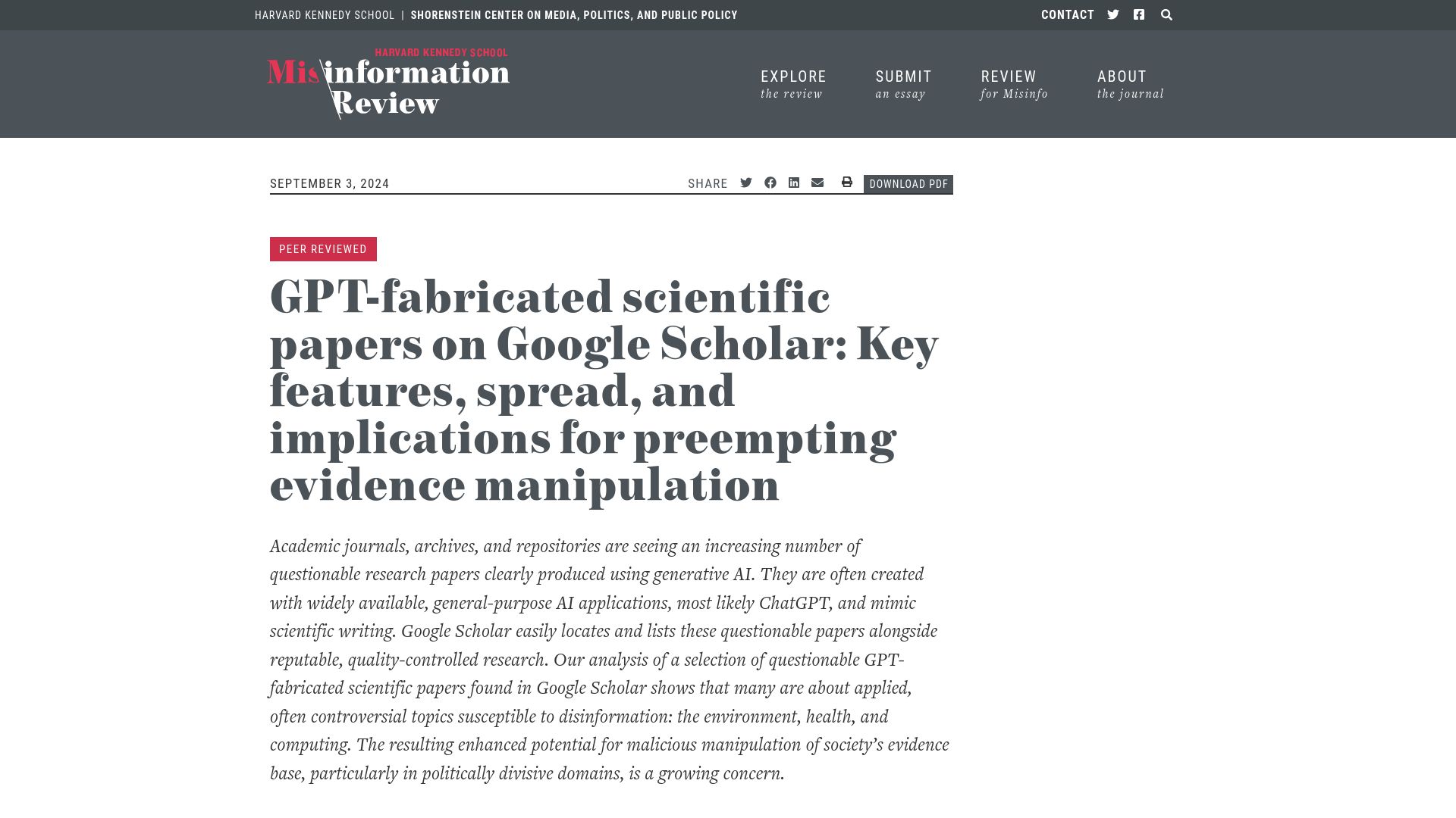 Screenshot of misinforeview.hks.harvard.edu: GPT-fabricated scientific papers on Google Scholar