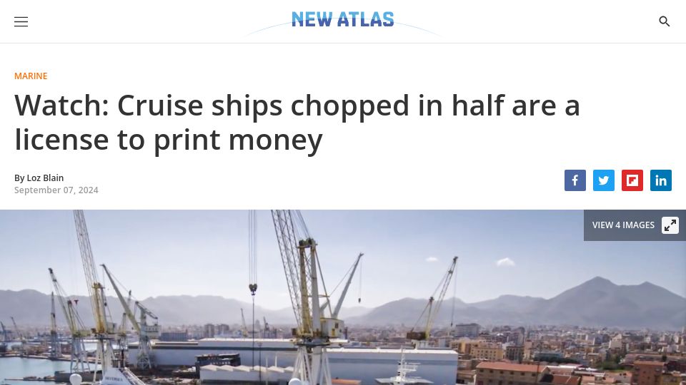 Screenshot of newatlas.com: Cruise ships chopped in half are a license to print money