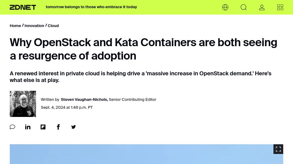 Screenshot of zdnet.com: Why OpenStack and Kata Containers are both seeing a resurgence of adoption