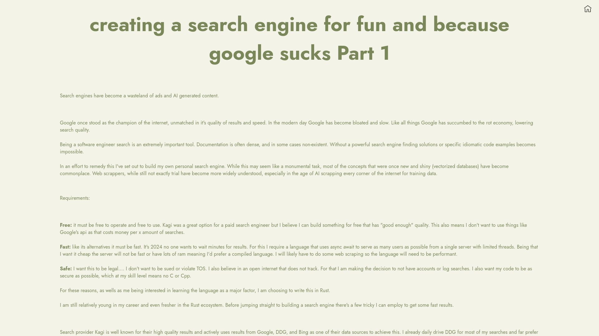 Screenshot of vincents.dev: Creating a search engine for fun and because Google sucks