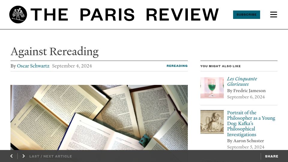 Screenshot of theparisreview.org: Against Rereading