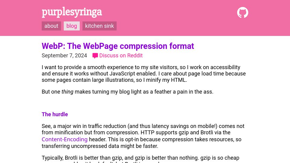 Screenshot of purplesyringa.moe: WebP: The WebPage Compression Format