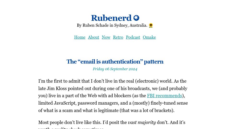 Screenshot of rubenerd.com: The "email is authentication" pattern