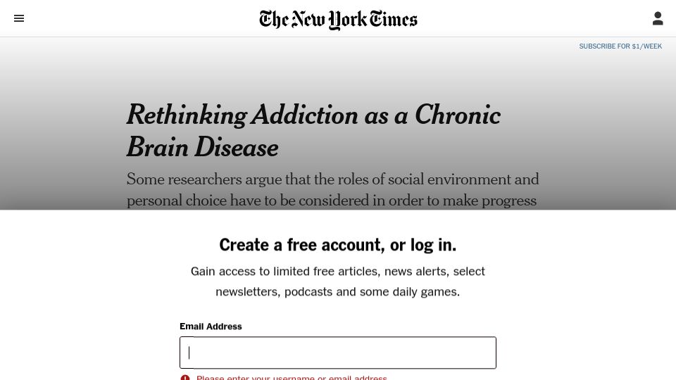 Screenshot of nytimes.com: Rethinking addiction as a chronic brain disease